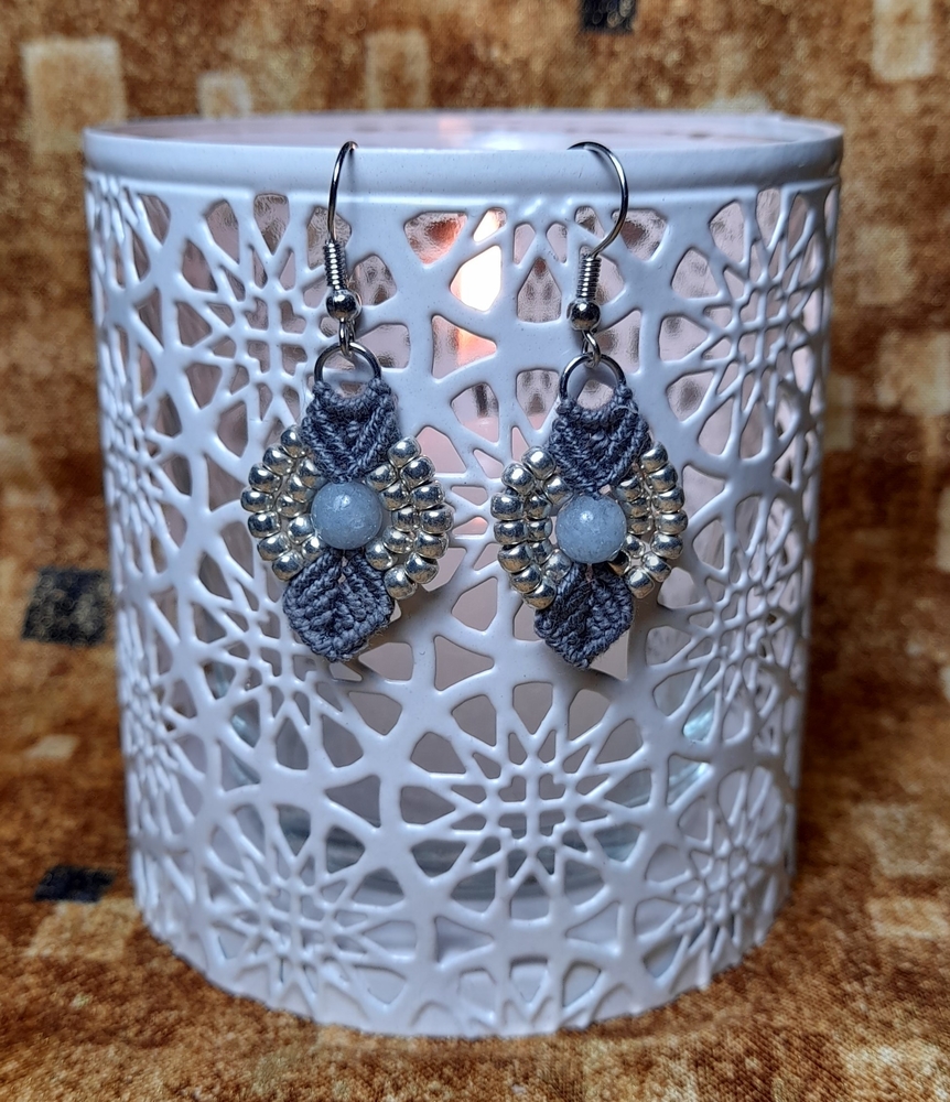 Gray macramé earrings with aventurine and Miyuki beads